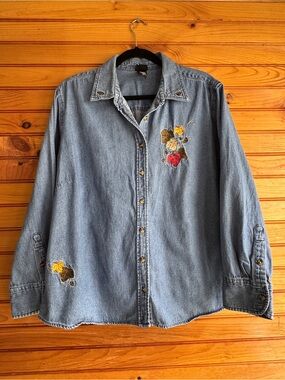 Vintage Holiday Editions Embroidered Denim Shirt 2X Fall Leaves Acorns